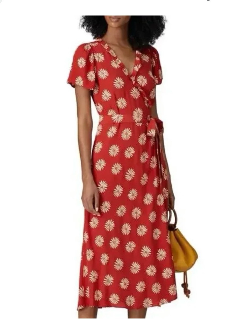 Madewell Ruffle edge Red Floral Wrap Midi Dress with Cream Daisy Print sz medium